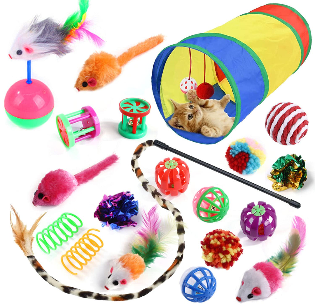 20 Pcs Cat Toys for Indoor Kitten, Collapsible Tunnel, Interactive Feather Wand Ball Spring Mice Toy for Puppy Kitty