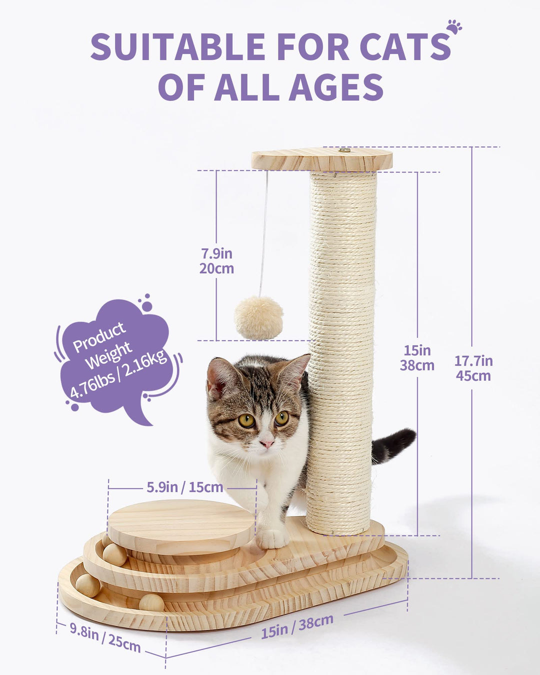 Made4Pets Cat Scratching Post Cat Scratcher Kitten Toys for Indoor Cats Wooden Ball Track Two-Layer Modern Sisal 17.7