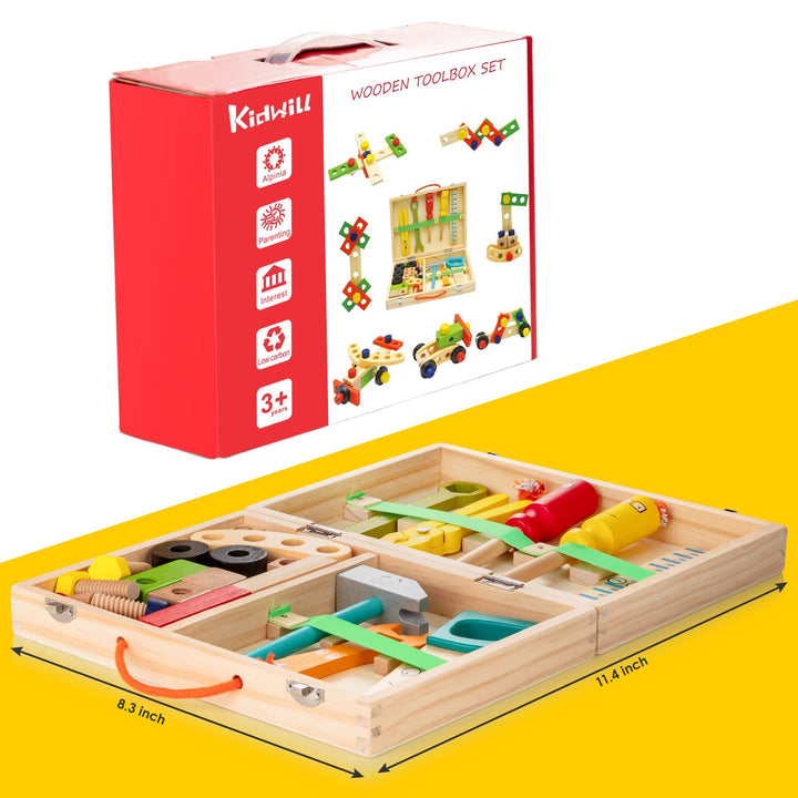 KIDWILL Tool Kit for Kids, Wooden Tool Box with Colorful Wooden Tools