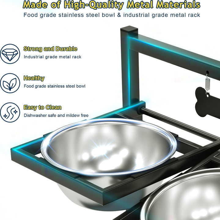 Eanilnaz Elevated Dog Bowls with 4 Height Adjustable 10°Tilted—2 Stainless Steel Dog Food Bowls and Spillproof Mat