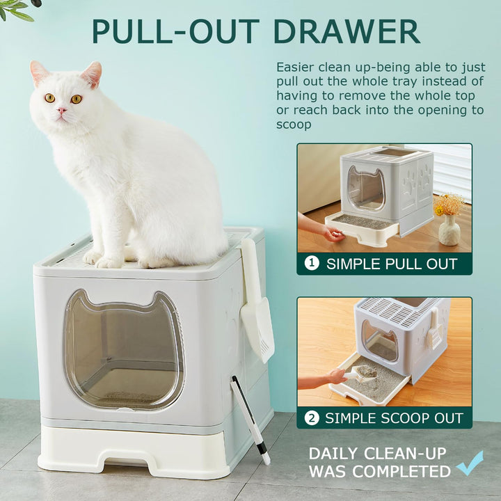 Pawsayes Cat Litter Tray Litter box with Lid for Medium and Small Cats, Foldable Top Entry Kitten Litter Box with Drawer Pan and Scoop