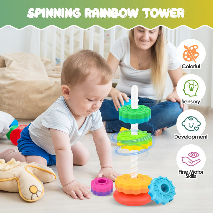 Baby Spinning Stacking Toy,Rainbow Tower Ring Stacker Toy,Spinbow Colour Tower,Sensory Spin Gears Rings Toy