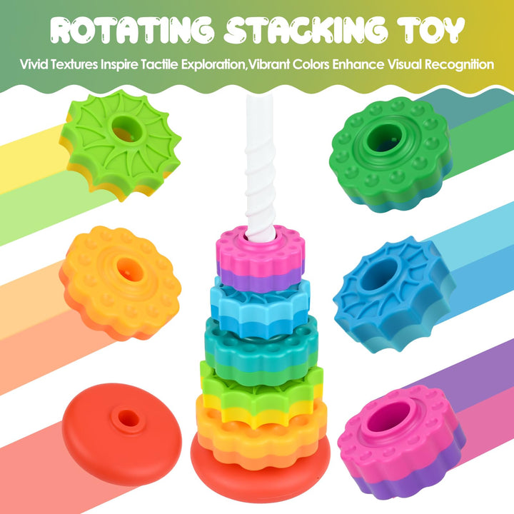 Baby Spinning Stacking Toy,Rainbow Tower Ring Stacker Toy,Spinbow Colour Tower,Sensory Spin Gears Rings Toy