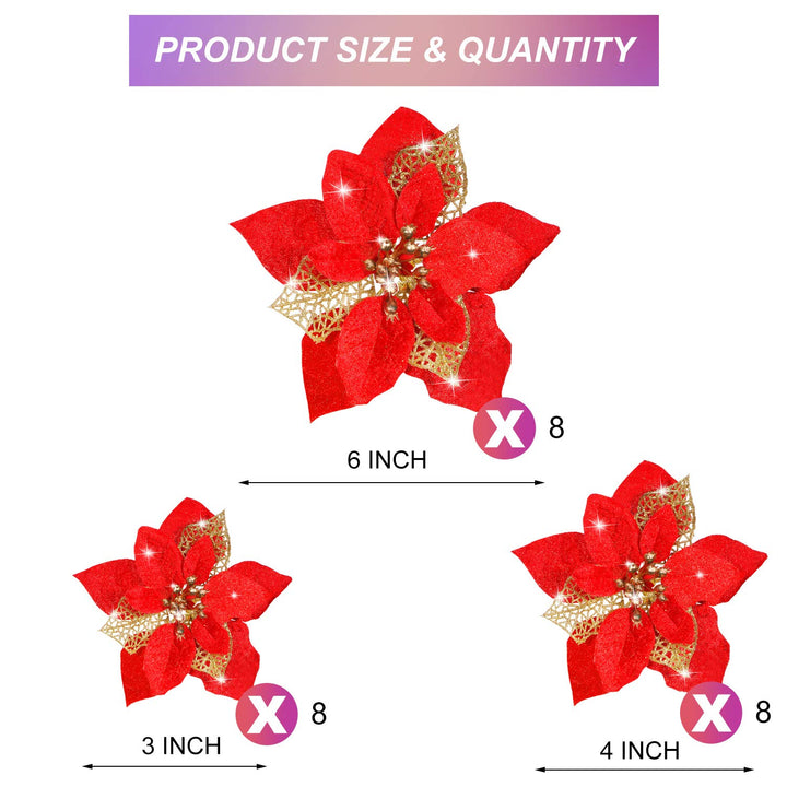 24 Red Glitter Poinsettia Christmas Ornaments