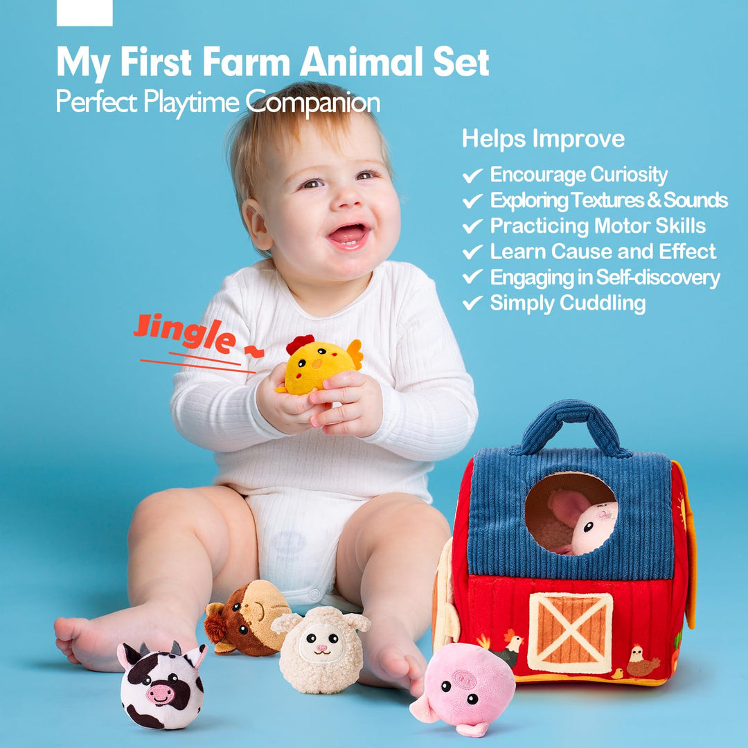 hahaland Baby Toys 6-12 Months - Farm Animals with Barn, Rattle, Crinkle Paper, Mirror - Busy Montessori Sensory Toys for Babies Toddlers