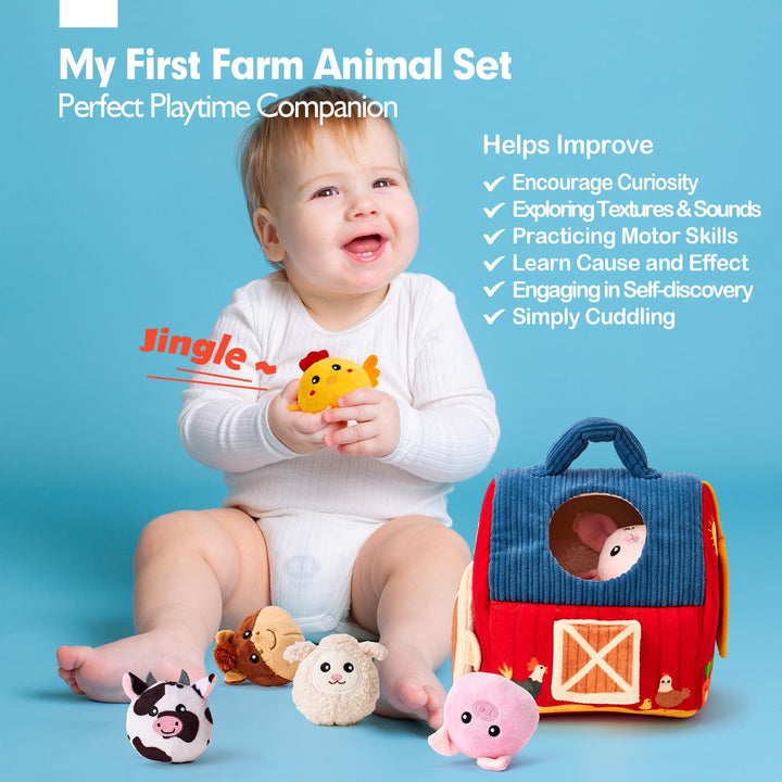 hahaland Baby Toys 6-12 Months - Farm Animals with Barn, Rattle, Crinkle Paper, Mirror - Busy Montessori Sensory Toys for Babies Toddlers