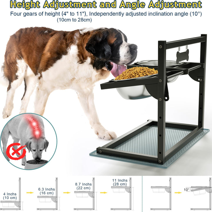 Eanilnaz Elevated Dog Bowls with 4 Height Adjustable 10°Tilted—2 Stainless Steel Dog Food Bowls and Spillproof Mat