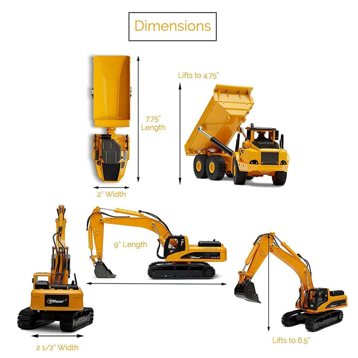 Top Race 2 In 1 Diecast Metal Excavator and Dump Truck Construction Freewheeler Set