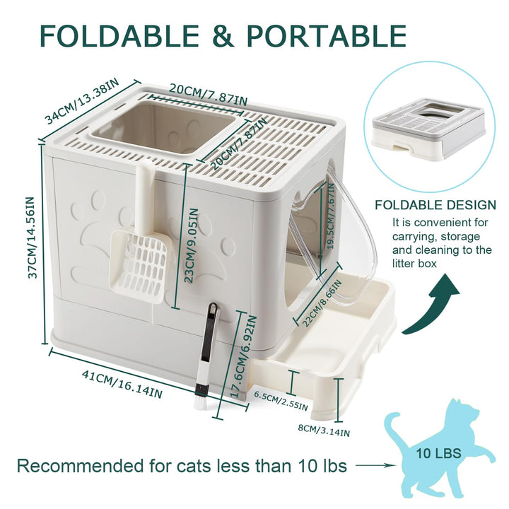 Pawsayes Cat Litter Tray Litter box with Lid for Medium and Small Cats, Foldable Top Entry Kitten Litter Box with Drawer Pan and Scoop