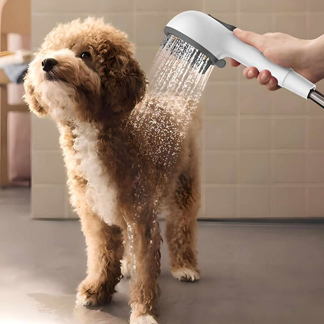 Pet Dog Grooming Shower Head with Massage Brush Functionality and Water-Saving Pause Feature