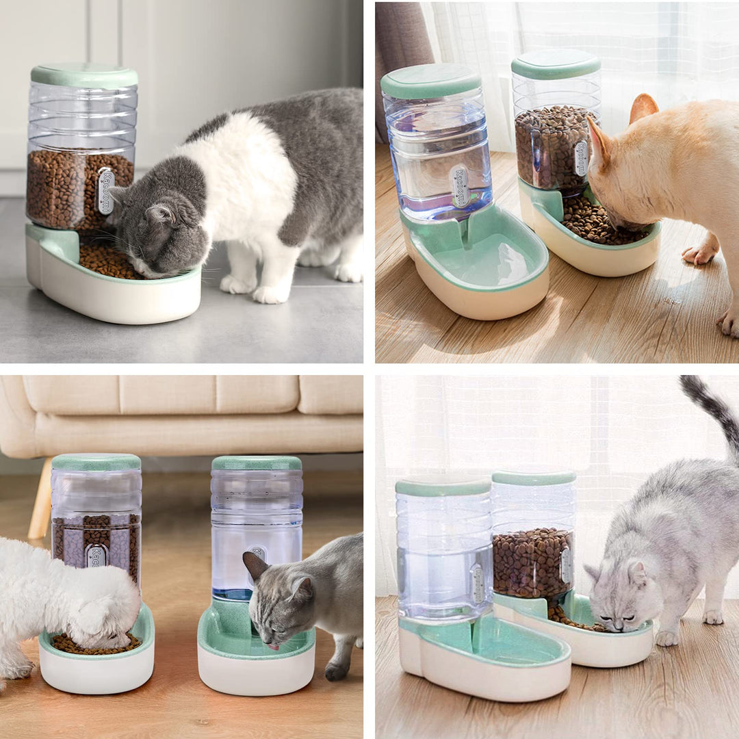 Kacoomi Automatic Dog Cat Feeder and Water Dispenser Gravity Food Feeder and Waterer Set with Pet Food Bowl