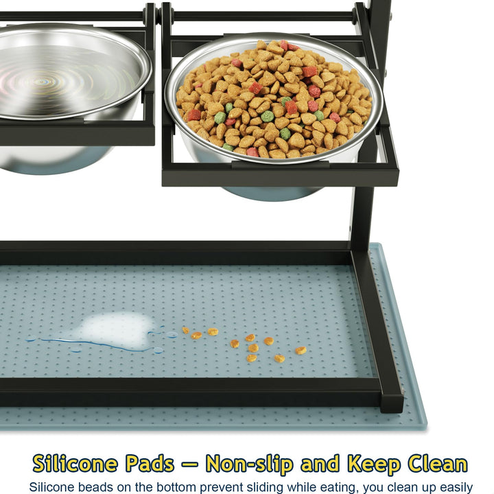 Eanilnaz Elevated Dog Bowls with 4 Height Adjustable 10°Tilted—2 Stainless Steel Dog Food Bowls and Spillproof Mat