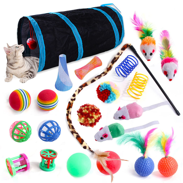 Wefine 22 Pcs Cat Toys for Indoor Kitten, Interactive Cat Kitten Toys Set, Collapsible Cat Tunnel Feather Wand Ball Spring Mice