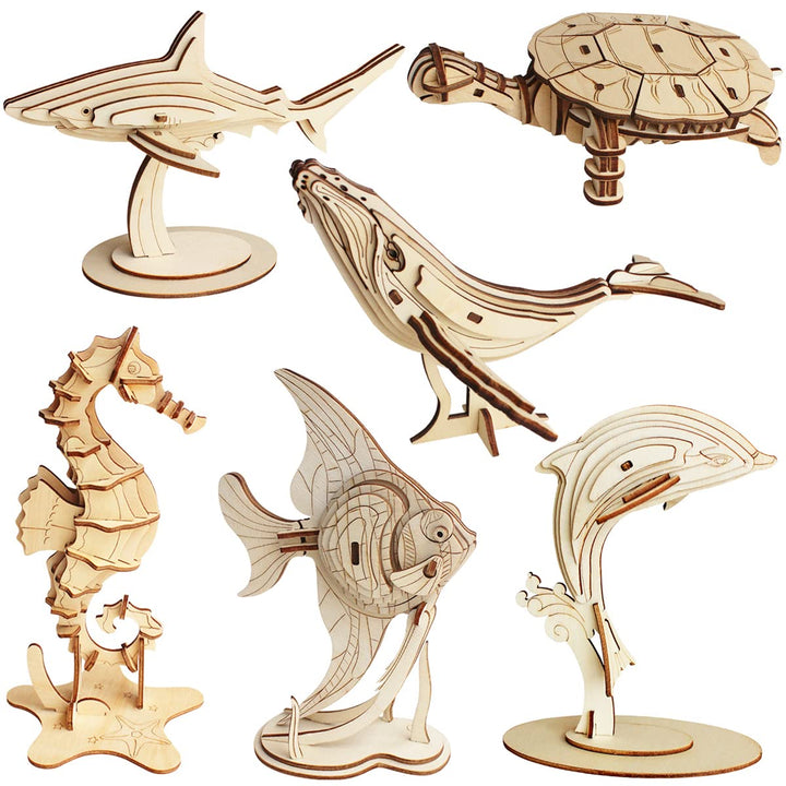 3D Wooden Sea Animal Puzzle - 6 Piece Set Wood Sea Animals Skeleton Assembly Model Kits - Wooden Crafts DIY Brain Teaser Puzzle - STEM Toys Gifts for Kids and Adults Teens Boys Girls