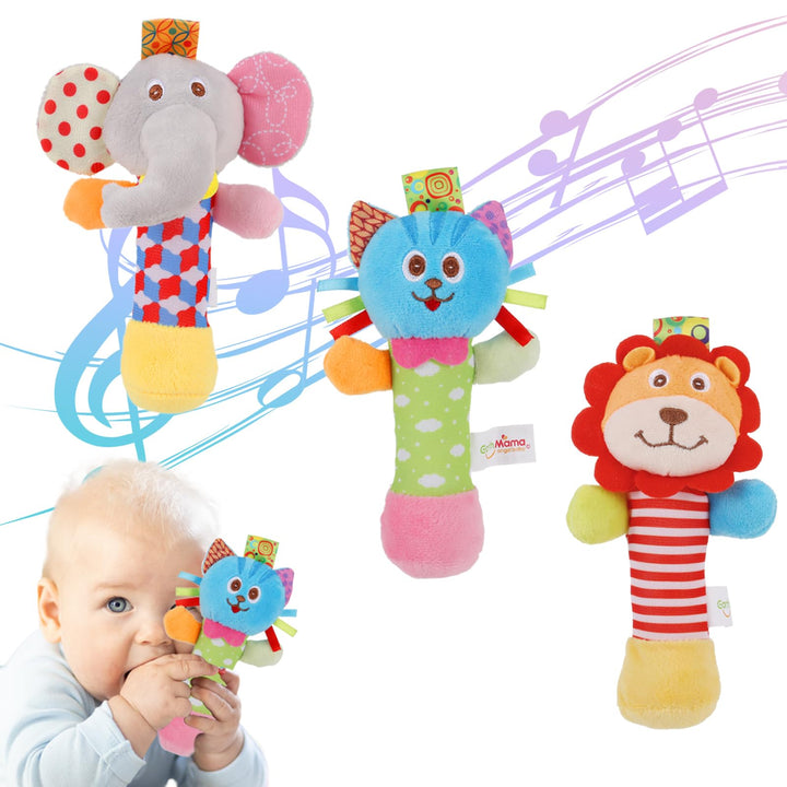 Baby Soft Rattles, 3 Pack Plush Animal Rattle Toys