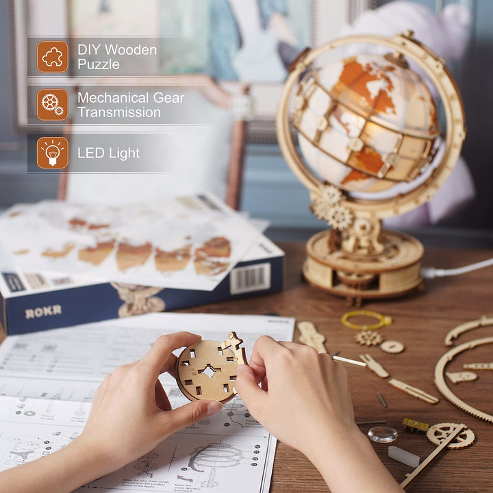 ROKR 3D Wooden Puzzles Luminous Globe 3D Wooden Model Kits to Build for Adults