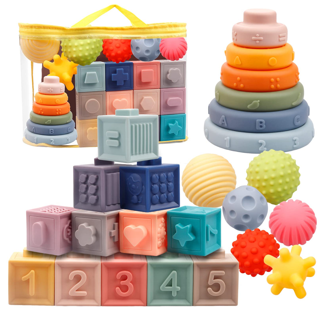 24 Pack Montessori Soft Blocks for Baby, Sensory Teethers Toy