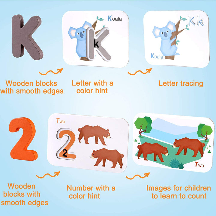 Lewo Alphabet and Numbers Flash Cards ABC Wooden Letters Numbers Jigsaw Puzzles Matching Game Preschool Educational Learning Toys Gifts for 3 4 5 6 Years Old Toddlers Baby Kids Boys Girls