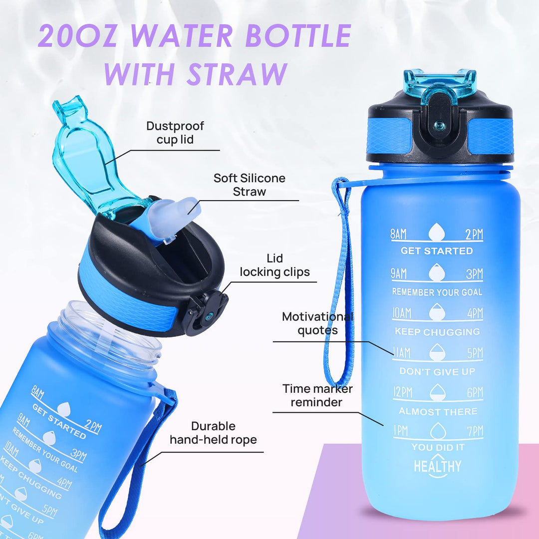 SUPPRUI Water Bottles with Straw,600ml Kids Water Bottle with time markings,Motivational Drink Bottles Leakproof and BPA-free (Blue)