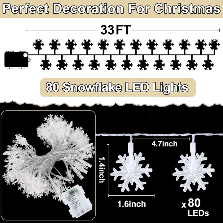 33 Ft 80 LED Snowflake String Lights with Timer - Cool White