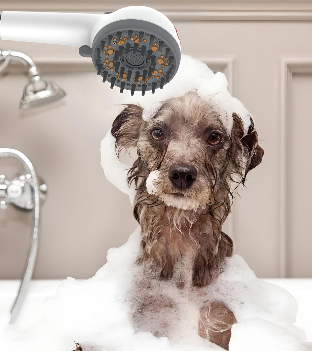 Pet Dog Grooming Shower Head with Massage Brush Functionality and Water-Saving Pause Feature