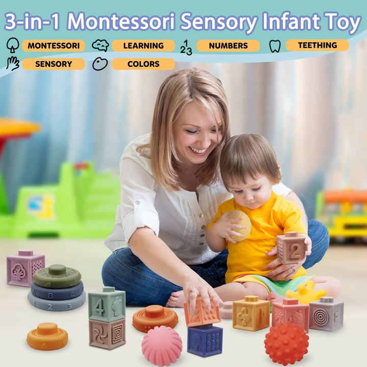 24 Pack Montessori Soft Blocks for Baby, Sensory Teethers Toy