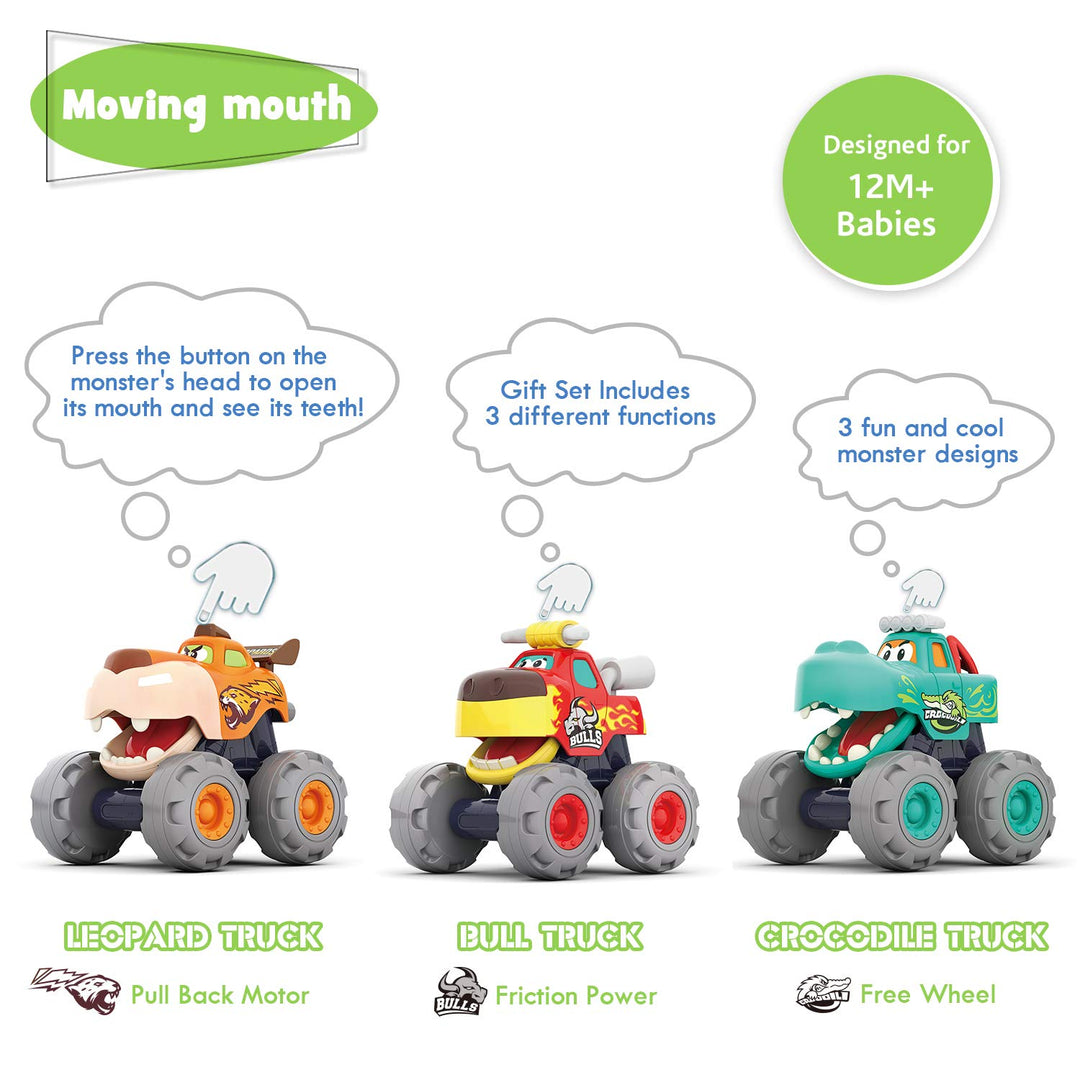 MOONTOY Baby Car Toys for 1 Year Old Boys, 3 Pack Monster Truck Toys for 1 2 Year Old