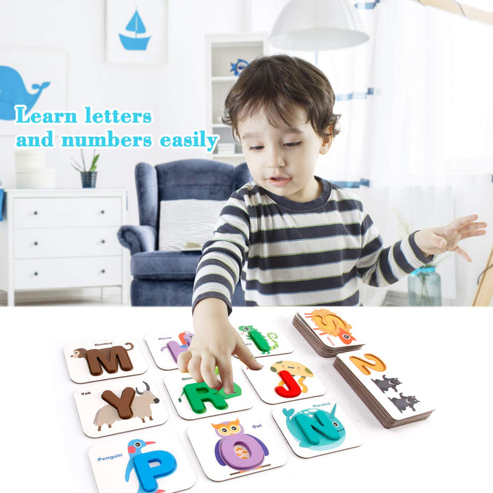 Alphabet and Number Flash Cards, Learning Flashcards for 3 Year Old Boys and Girls, Preschool Puzzle for Kids, Learning ABC Flash Cards with Animals, 36 Cards and 37 Wooden Blocks for Toddlers