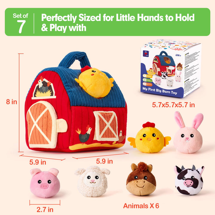 hahaland Baby Toys 6-12 Months - Farm Animals with Barn, Rattle, Crinkle Paper, Mirror - Busy Montessori Sensory Toys for Babies Toddlers