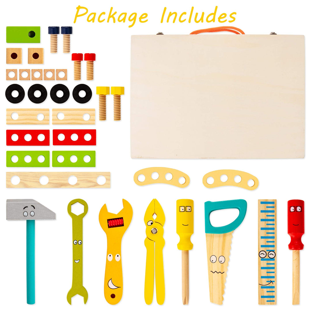 KIDWILL Tool Kit for Kids, Wooden Tool Box with Colorful Wooden Tools