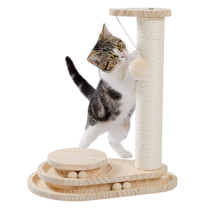 Made4Pets Cat Scratching Post Cat Scratcher Kitten Toys for Indoor Cats Wooden Ball Track Two-Layer Modern Sisal 17.7