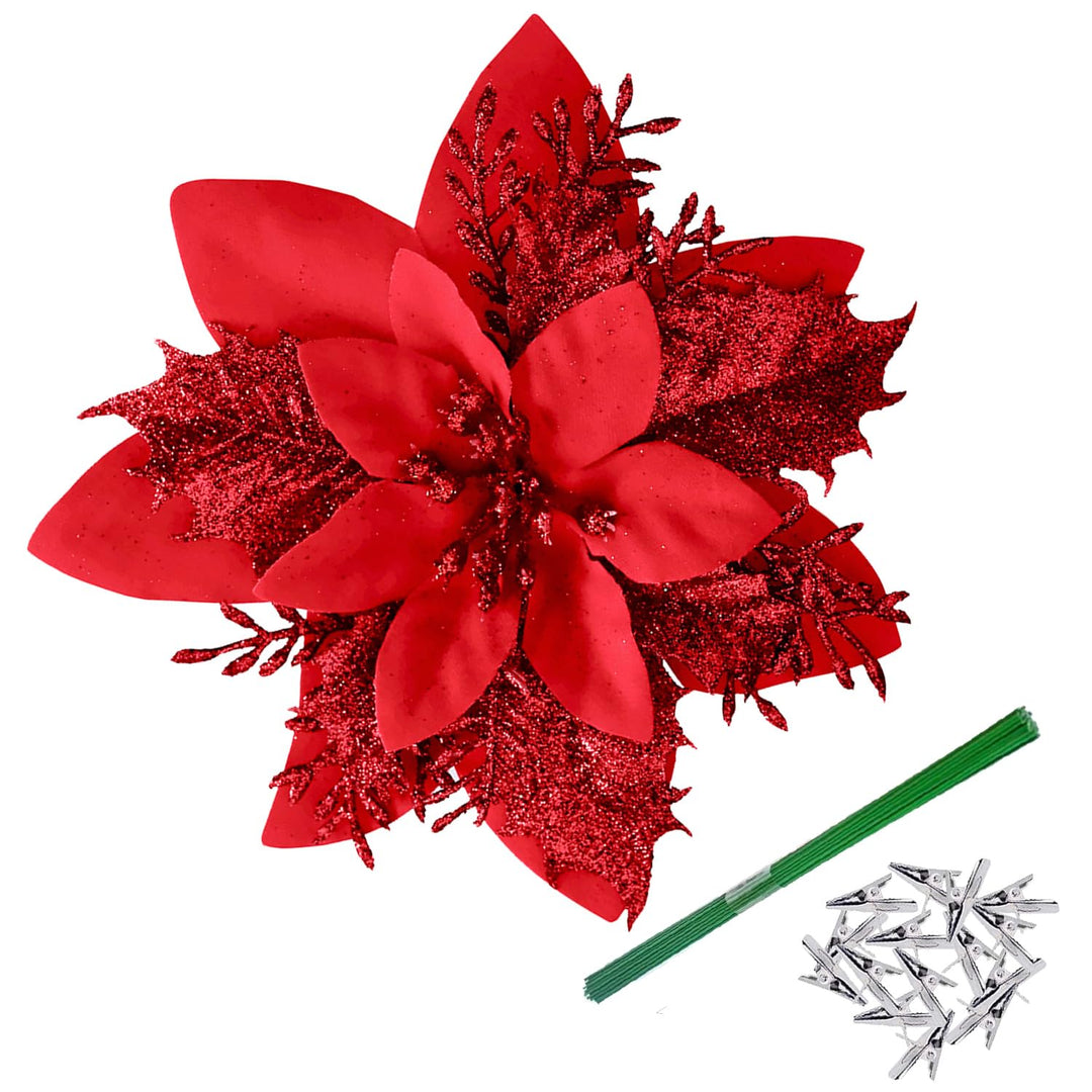 15 Red Glitter Poinsettia Christmas Ornaments with Clips