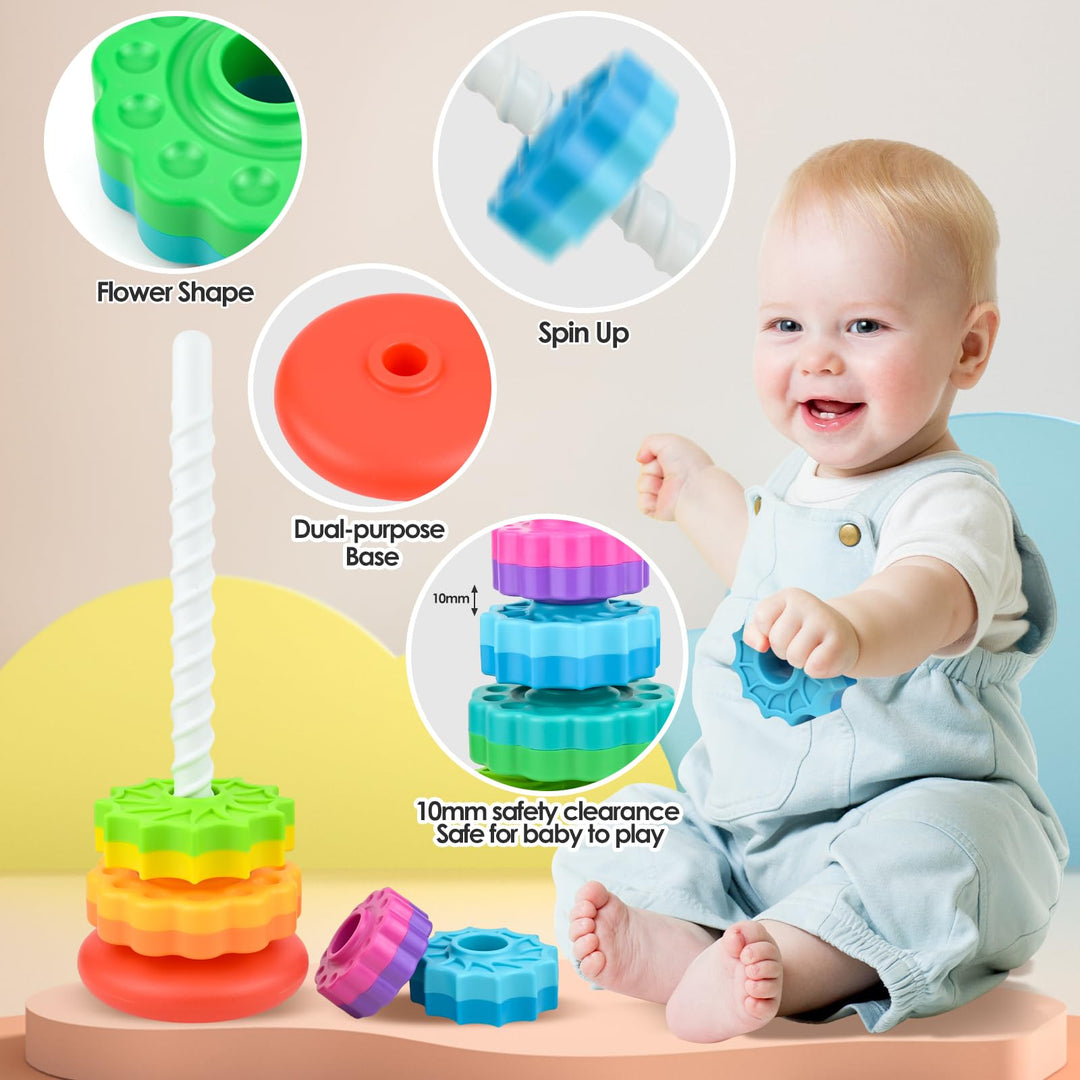 Baby Spinning Stacking Toy,Rainbow Tower Ring Stacker Toy,Spinbow Colour Tower,Sensory Spin Gears Rings Toy