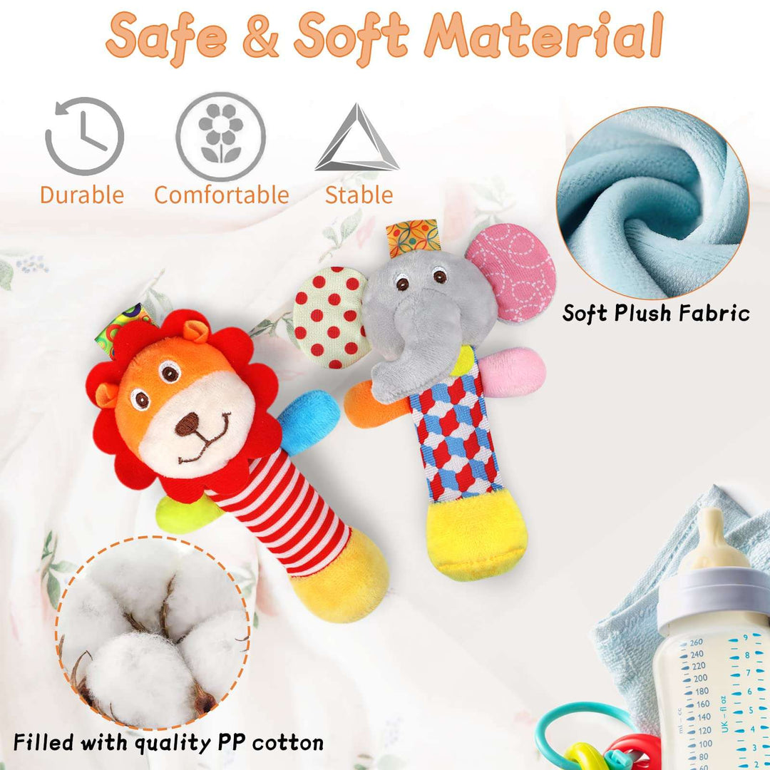 Soft Baby Rattles, 2 Pack Plush Animal Rattle Toys