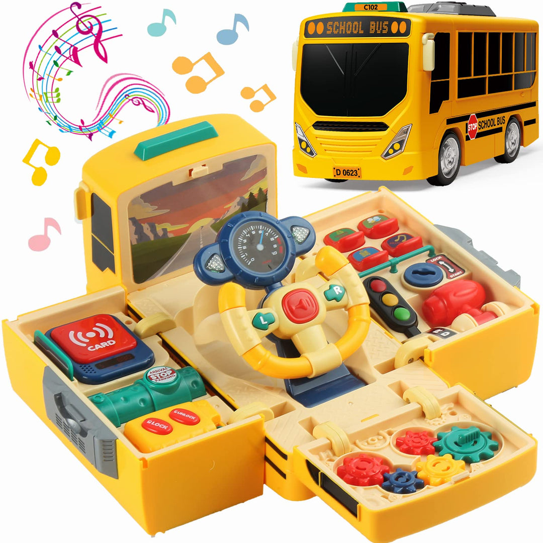 HONGTUO School Bus Toy with Sound and Light, Simulation Steering Wheel Gear Toy, Toddlers School Bus Toys with Music Education Knowledge Simulation