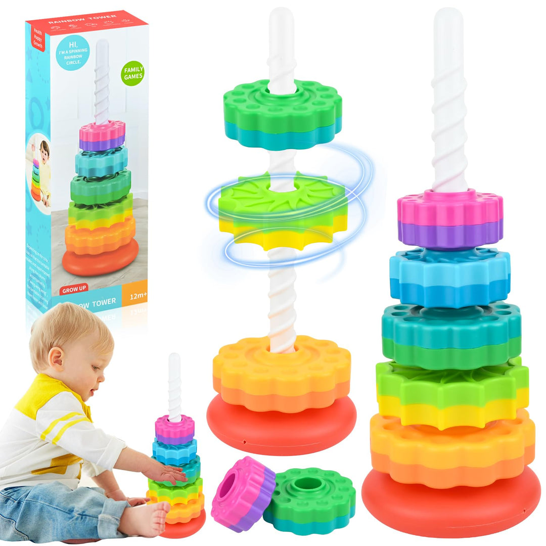 Baby Spinning Stacking Toy,Rainbow Tower Ring Stacker Toy,Spinbow Colour Tower,Sensory Spin Gears Rings Toy