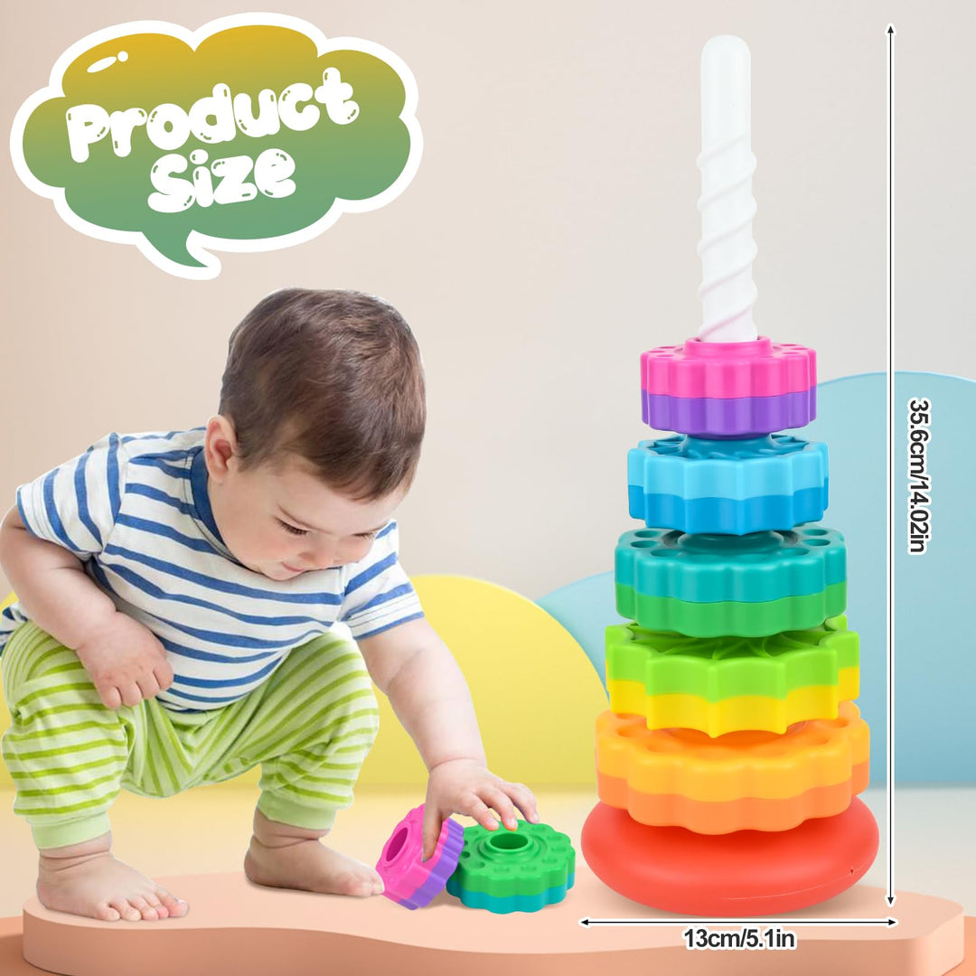 Baby Spinning Stacking Toy,Rainbow Tower Ring Stacker Toy,Spinbow Colour Tower,Sensory Spin Gears Rings Toy