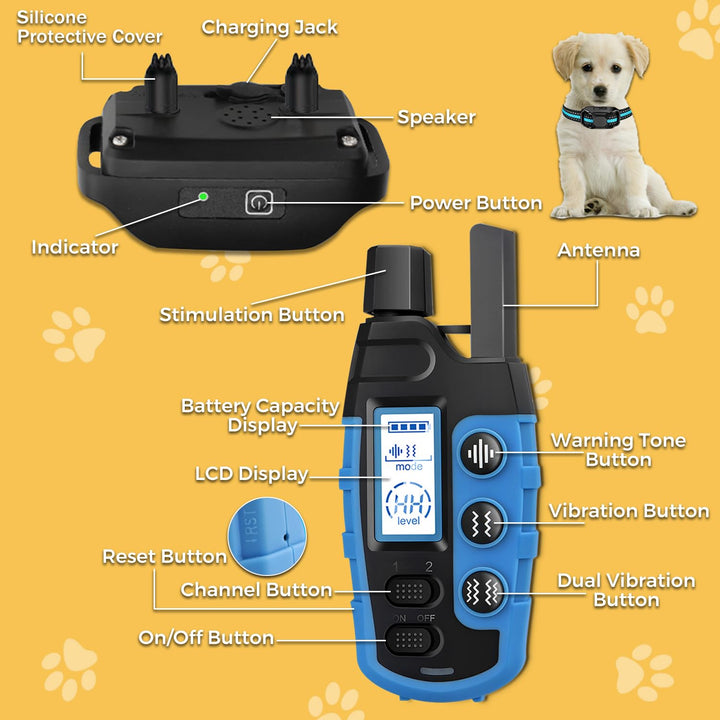 Dog Training Collar with Remote, 3300Ft Remote Range, Beep (1-8) & Vibration (1-16) Training Modes, USB Rechargeable IP67 Waterproof, Remote Anti Bark Collar for Large Medium Small Dogs (BLUE)