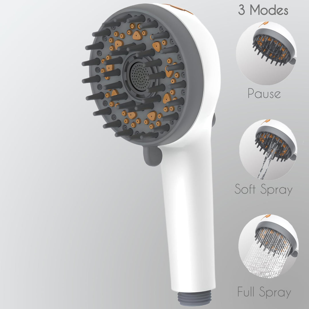 Pet Dog Grooming Shower Head with Massage Brush Functionality and Water-Saving Pause Feature