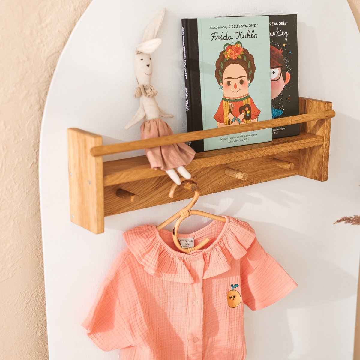 MINICAMP Floating Kids Bookshelf with Coat Hooks Made of Solid Oak – Peg Shelves for children, available at Learning Bugs UK