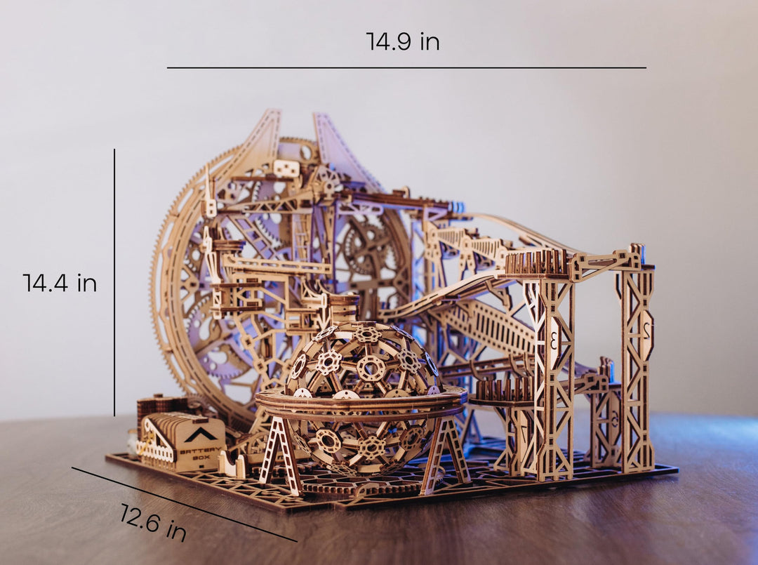 Wood Trick Galaxy Marble Run 3D Wooden Puzzles for Adults and Kids to Build - 15x12.6 - Electric Driven - Roller Coaster Wooden Model Kits for Adults and Teens to Build