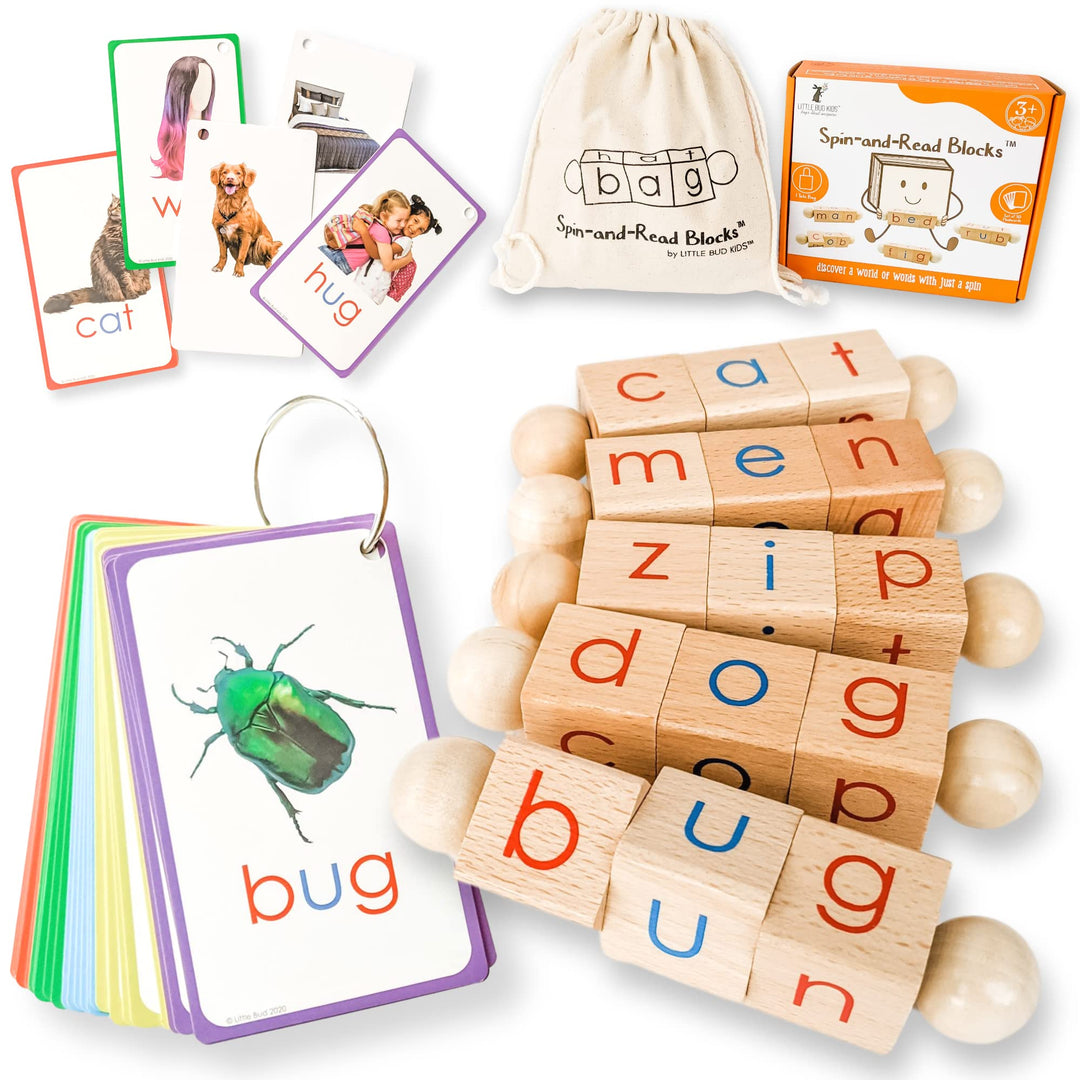 LITTLE BUD KIDS Spin-and-Read Phonics Toy, Rotating Wooden Reading Blocks with CVC Flashcards, A Montessori Reading Learning Resources Toy for 3-5 years old