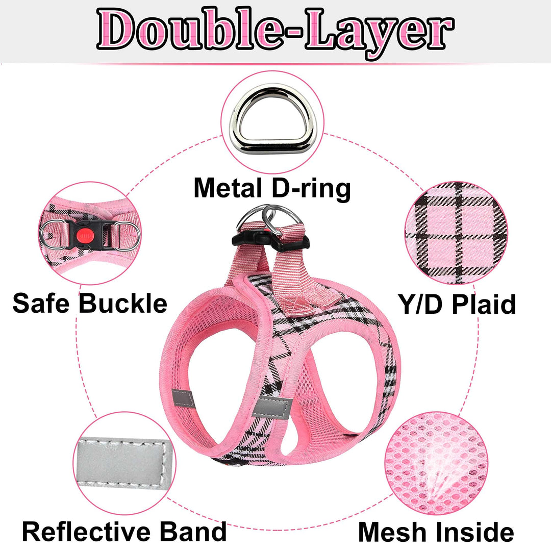 matilor Dog Harness Step-in Breathable Puppy Cat Dog Vest Harnesses for Small Medium Dogs Pink Plaid