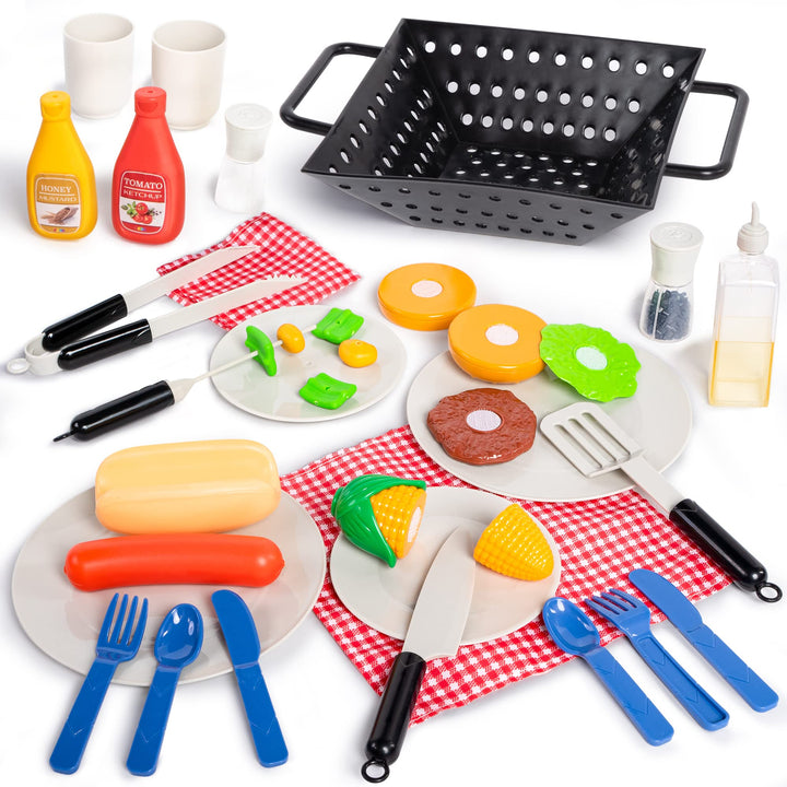 JOYIN 34 PCS Toy BBQ Grill Set, Kids Grill Playset, Little Chef Pretend Play, Cooking Kitchen Toy Interactive BBQ Toy Set for Kids