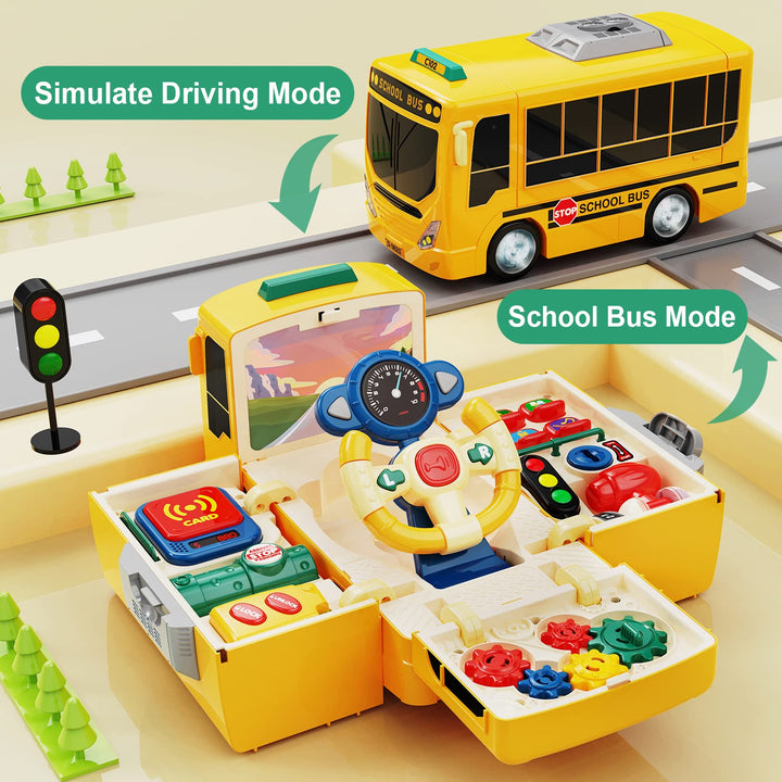 HONGTUO School Bus Toy with Sound and Light, Simulation Steering Wheel Gear Toy, Toddlers School Bus Toys with Music Education Knowledge Simulation