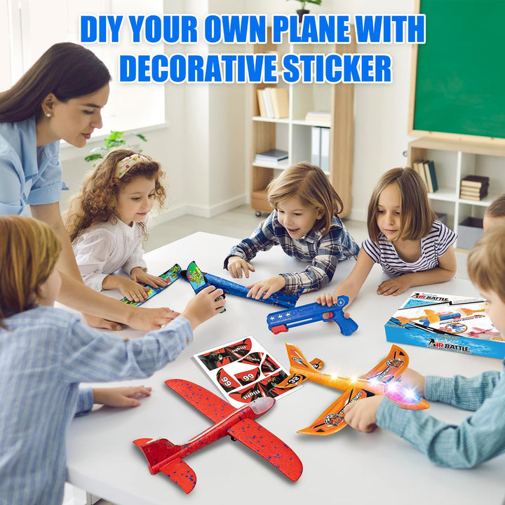 Dioju 5 Pack LED Airplane Launcher Toys with Catapult Gun, 2 Flight Mode Glider Flying Planes, Outdoor Garden Activities Aeroplane Gifts for Aged 3 4 5 6 7 8 9 10 11 12 Year Old Kids Boys Girls