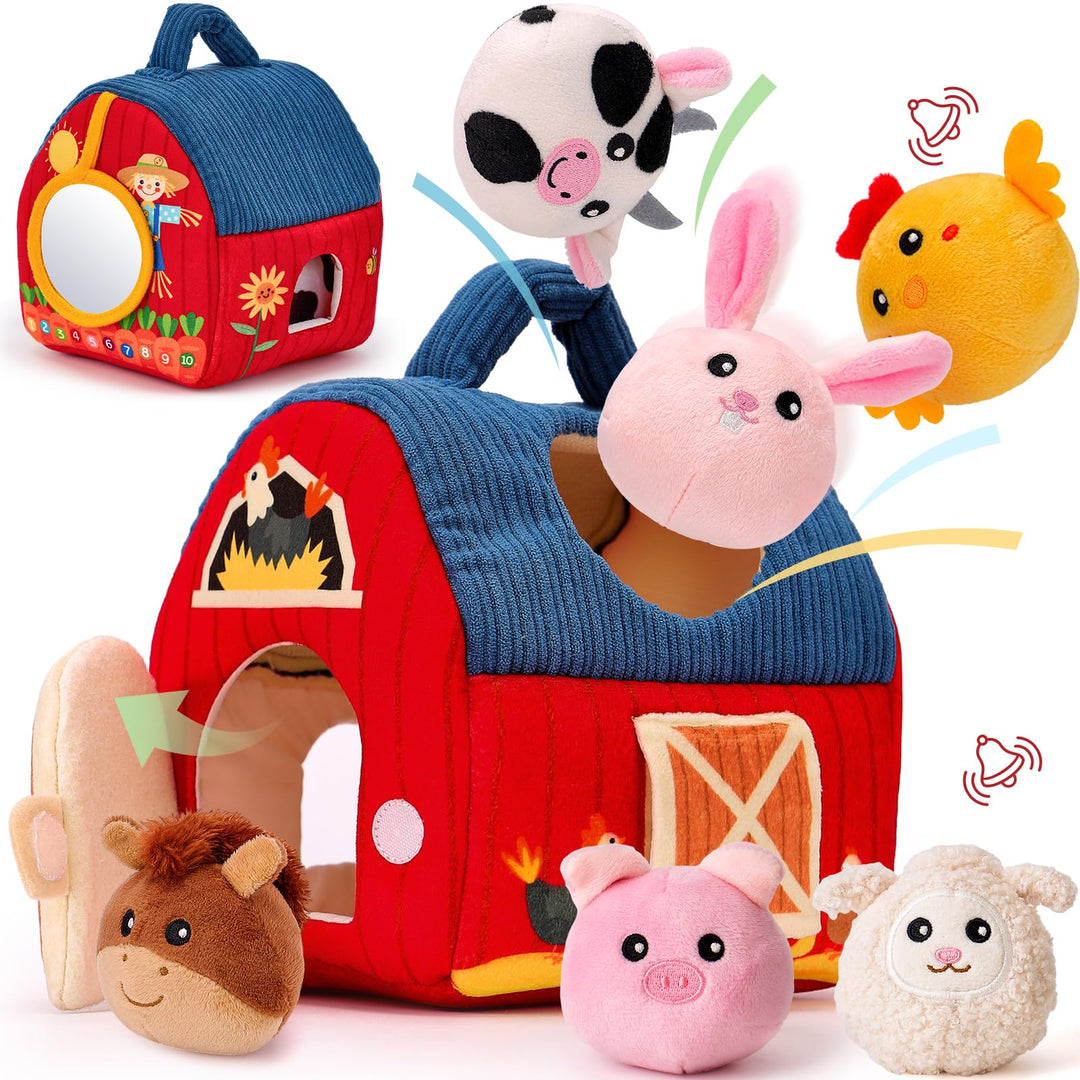 hahaland Baby Toys 6-12 Months - Farm Animals with Barn, Rattle, Crinkle Paper, Mirror - Busy Montessori Sensory Toys for Babies Toddlers