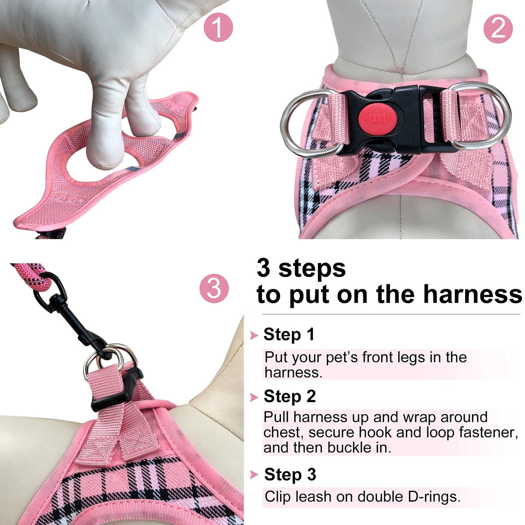 matilor Dog Harness Step-in Breathable Puppy Cat Dog Vest Harnesses for Small Medium Dogs Pink Plaid