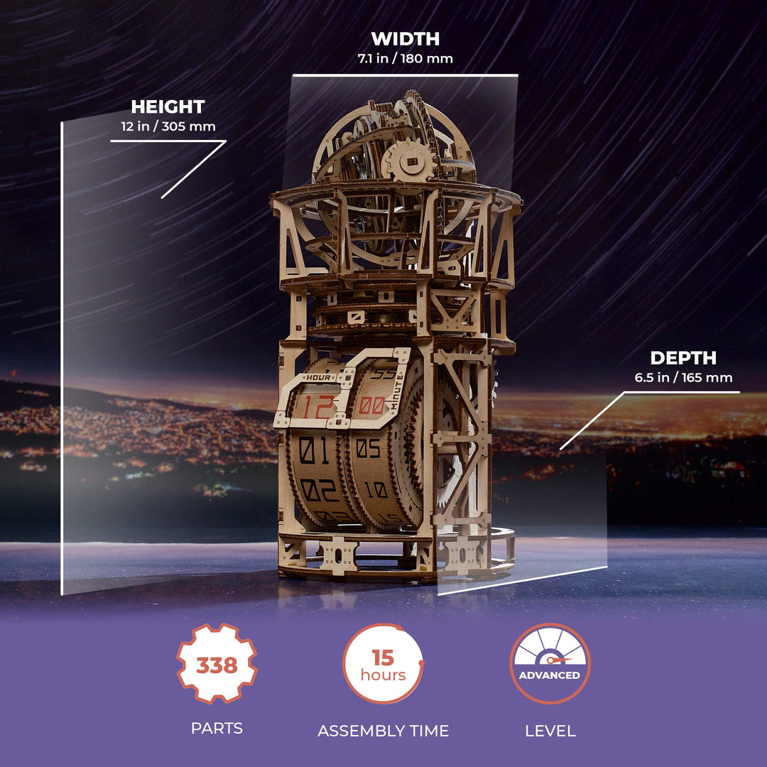 UGEARS Sky Watcher Desk Clock Astronomical Table Clock Wooden Model Kits for Adults to Build