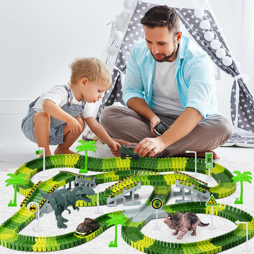 Dinosaur Race Track Car Toy, 252 Pcs Create A Dinosaur World Road Race Tracks, with 2pcs Dinosaur Car,Flexible Track Playset, Birthday Party Gift for 3 4 5 6 Boys Girls Year Old